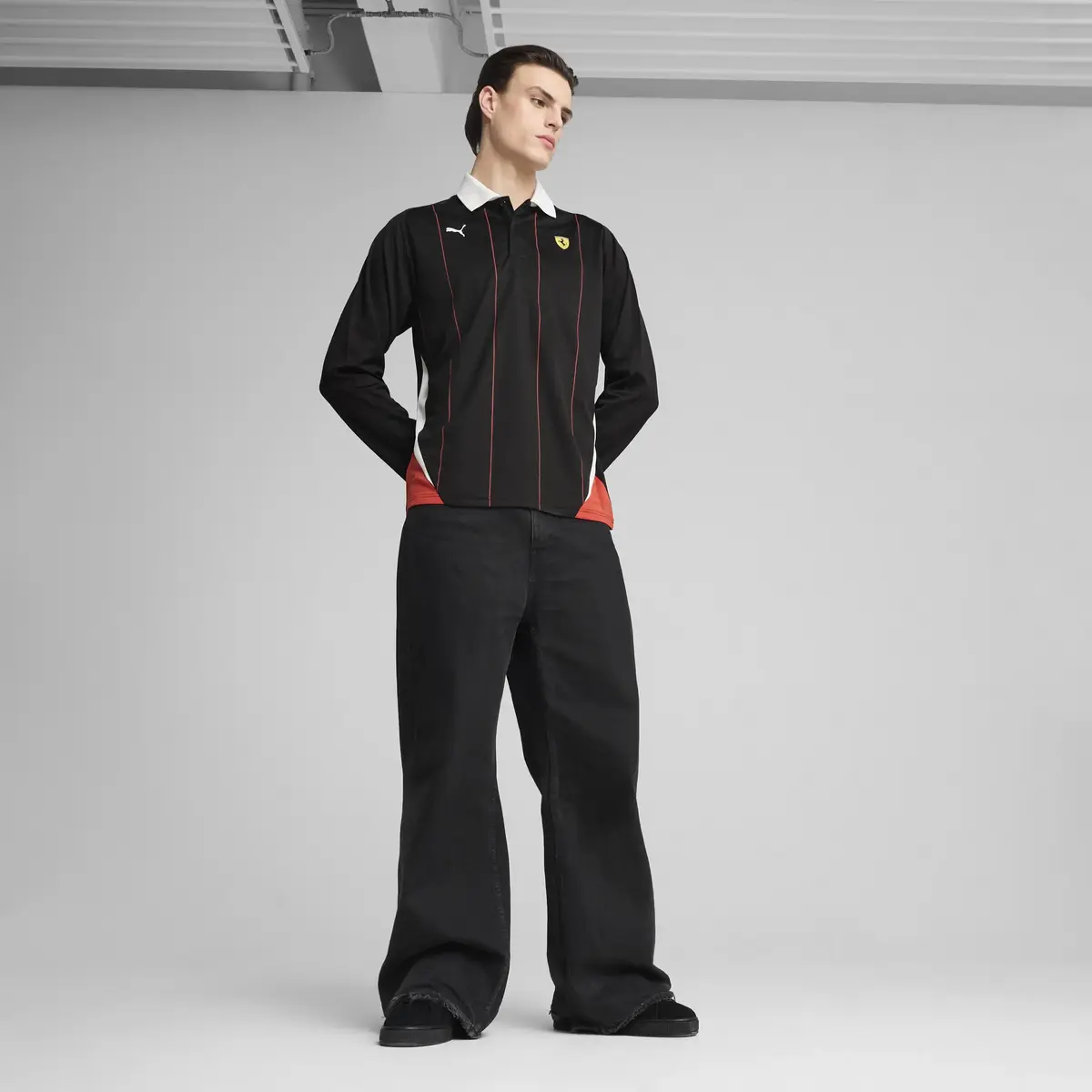 PUMA Ferrari Race Jersey LS Polo Siyah Erkek Polo T-Shirt