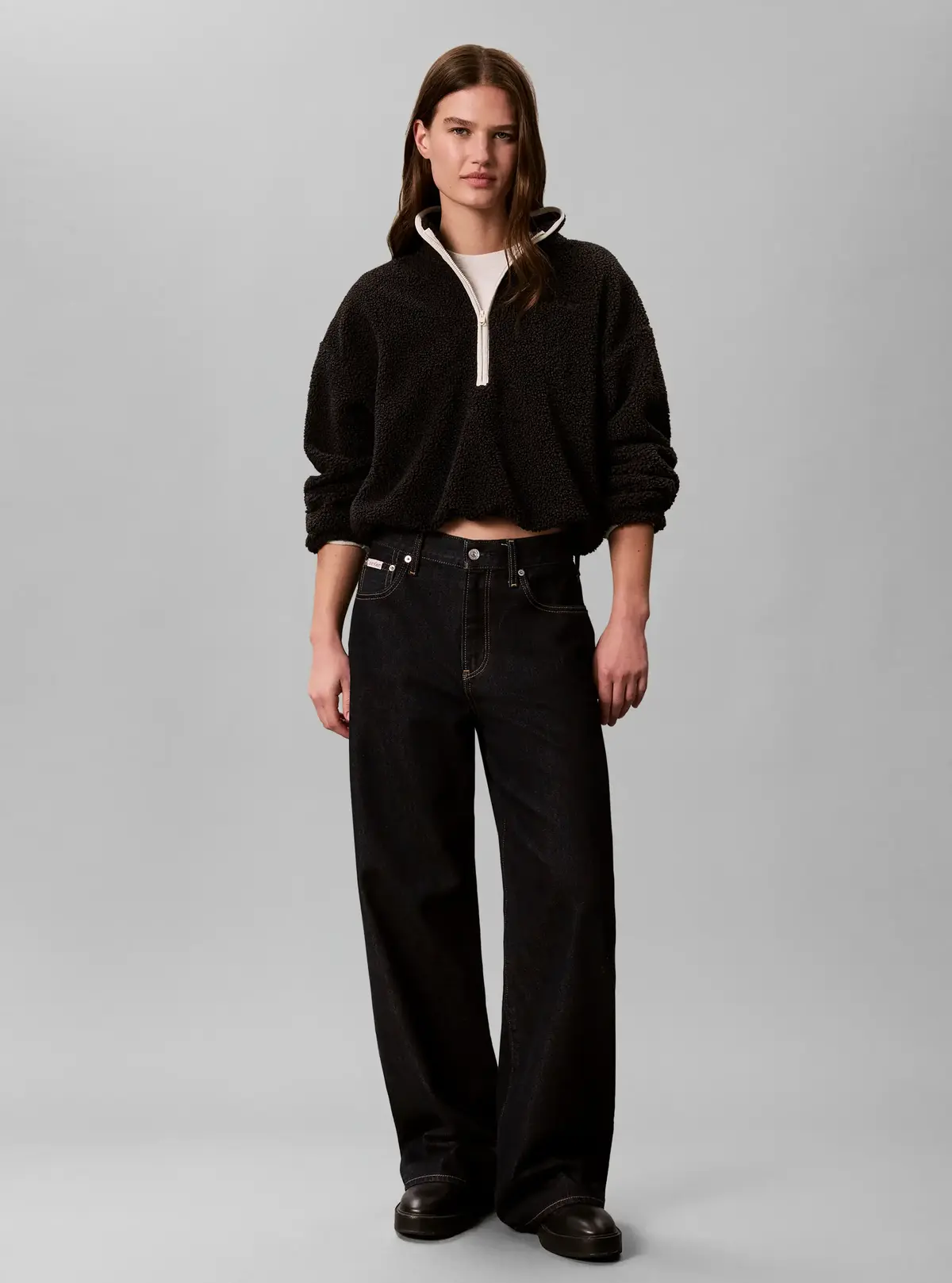 Calvin Klein SHERPA 1/4 ZIP CONTR, UB1 Siyah Kadın Sweatshirt