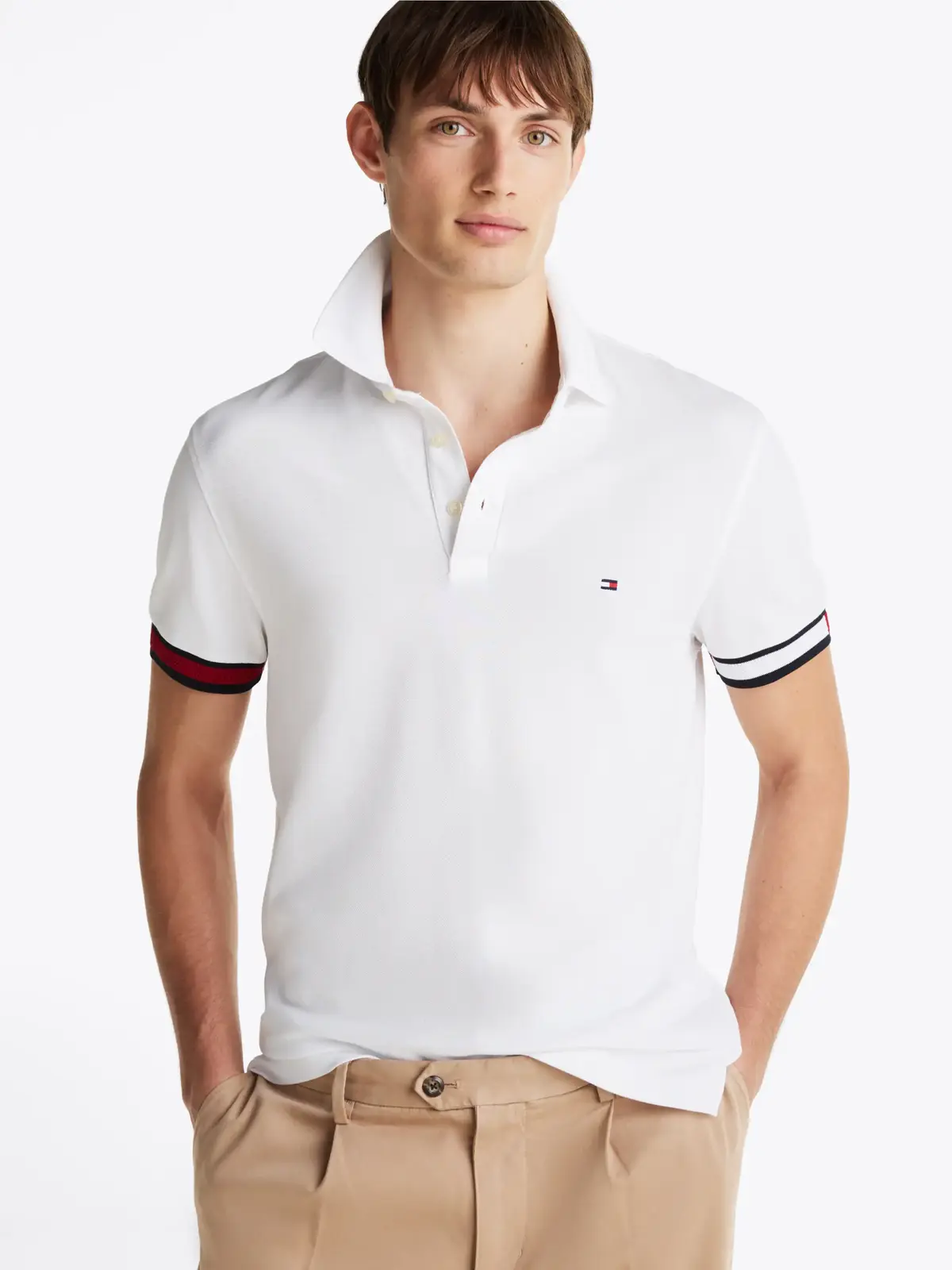Tommy Hilfiger FLAG CUFF SLIM POLO, YBR Beyaz Erkek T-Shirt & Polo