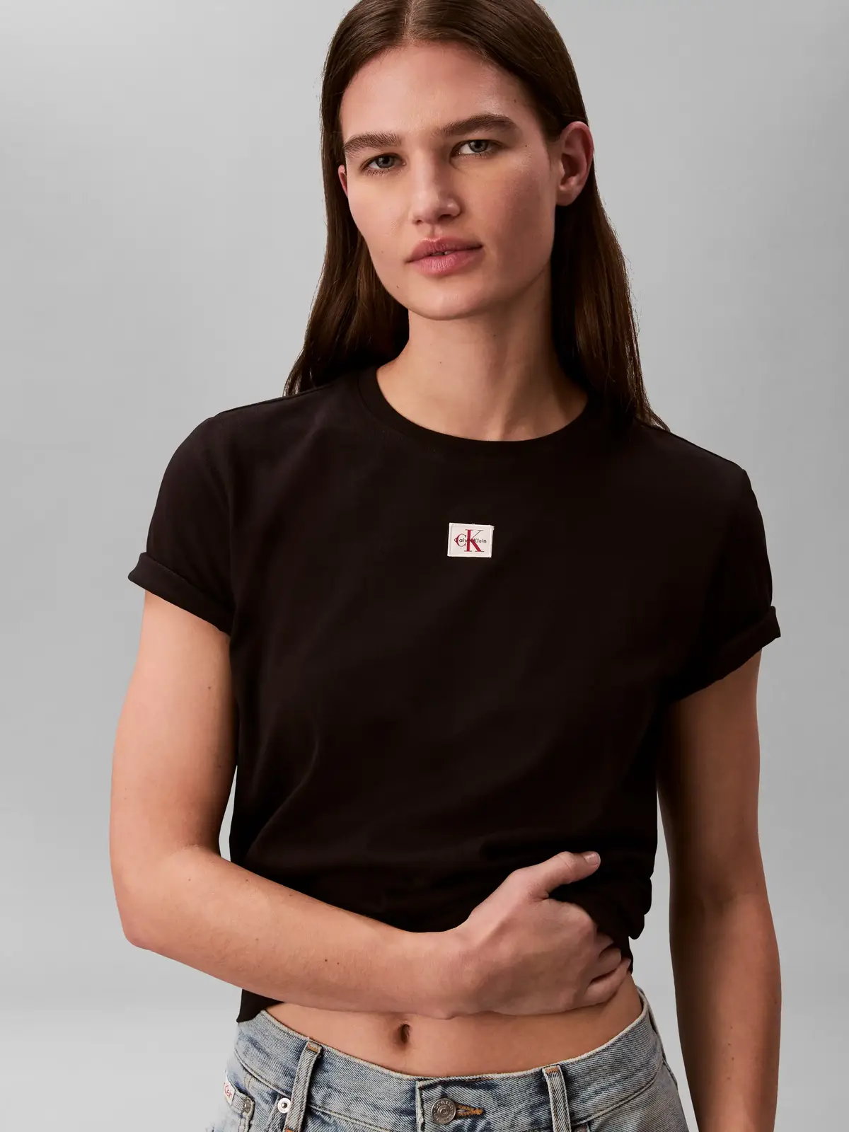 Calvin Klein SS WOVEN LABEL CLASS, UB1 Siyah Kadın T-Shirt