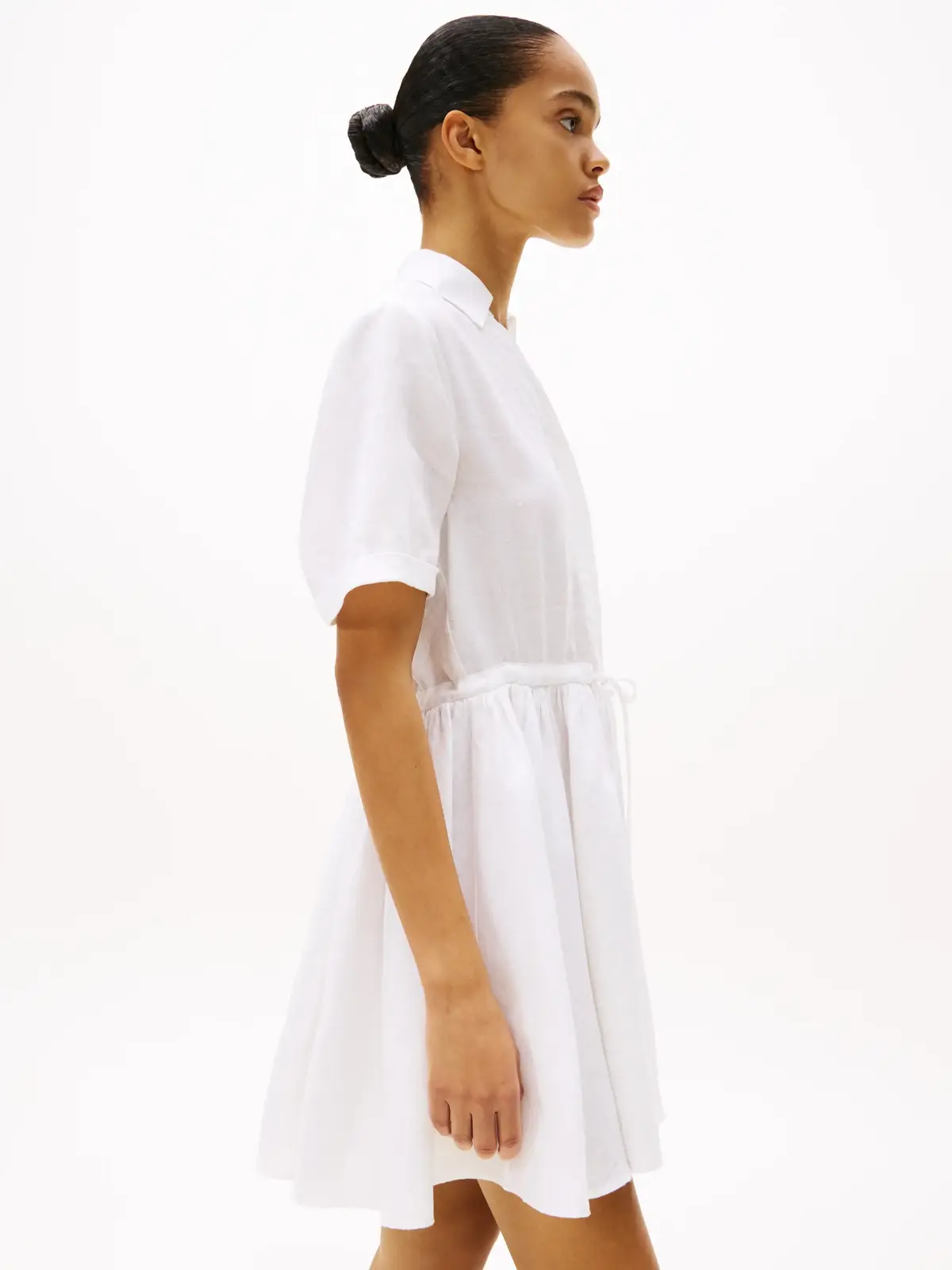 Tommy Hilfiger ESS LINEN S/S SHORT, YCF Beyaz Kadın Elbise-Etek