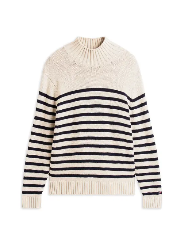 Tommy Hilfiger BRETON COTTON STRIPE, 0BP Krem Erkek Kazak