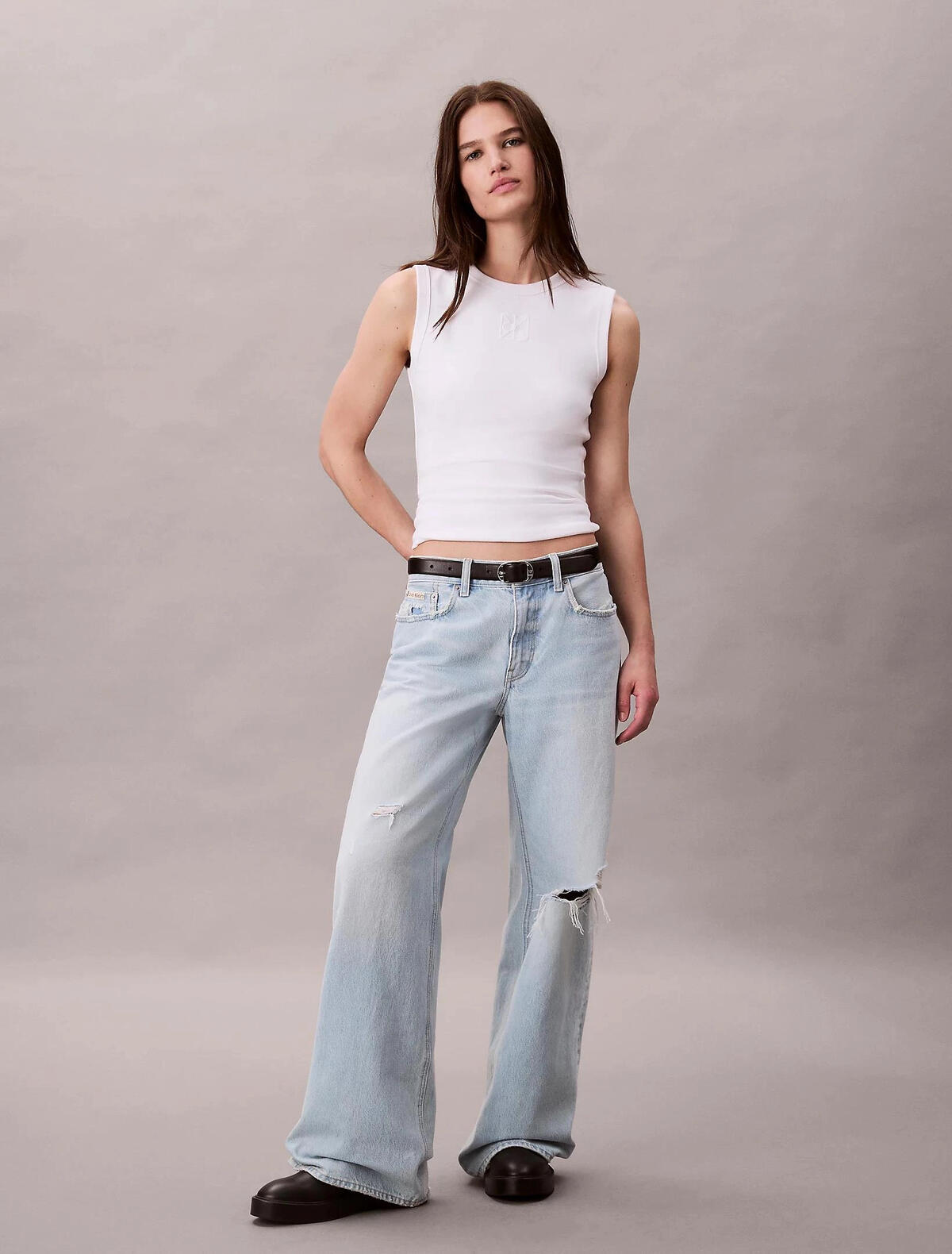 Calvin Klein SL REFINED RIB EMBLE, YAA Beyaz Kadın Bluz