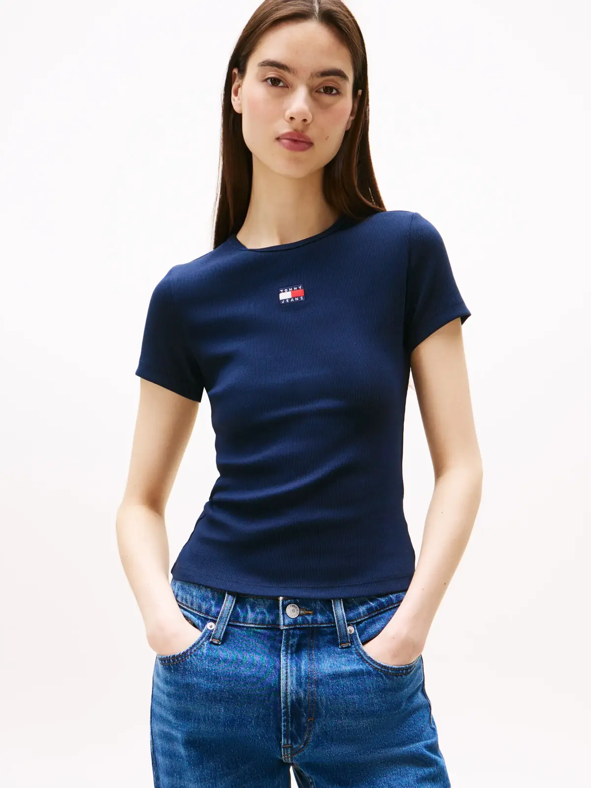 Tommy Hilfiger TJW SLIM BADGE RIB T, C1G Lacivert Kadın T-Shirt & Polo