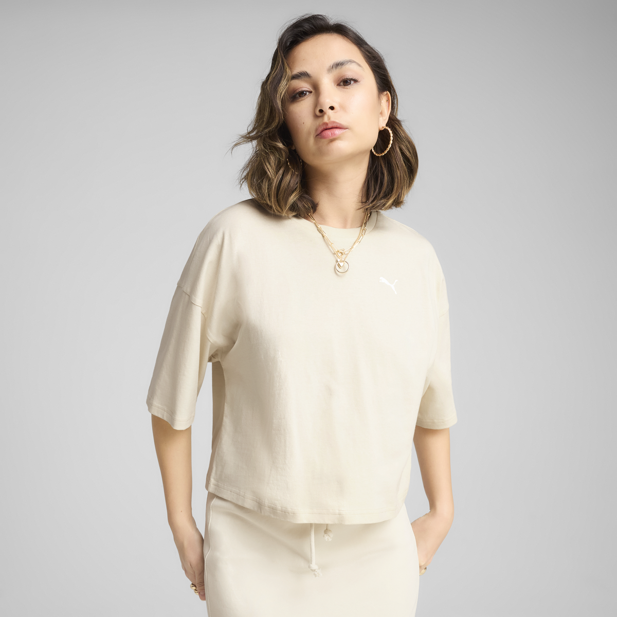 Puma WARDROBE ESS Oversized Tee Bej Kadın T-Shirt