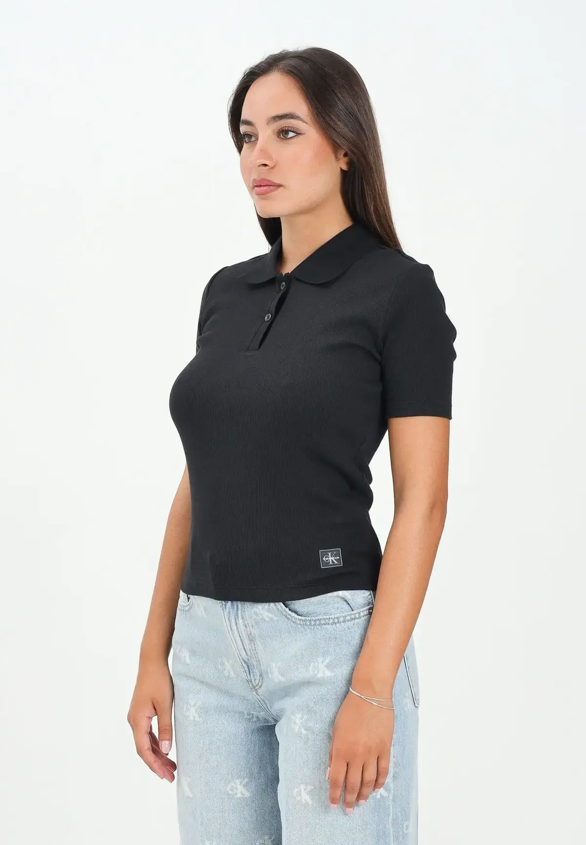 Calvin Klein A - WOVEN LABEL 2X2 RIB POLO Siyah Kadın Polo T-Shirt Calvin Klein A - WOVEN LABEL 2X2 RIB POLO Siyah Kadın Polo T-Shirt