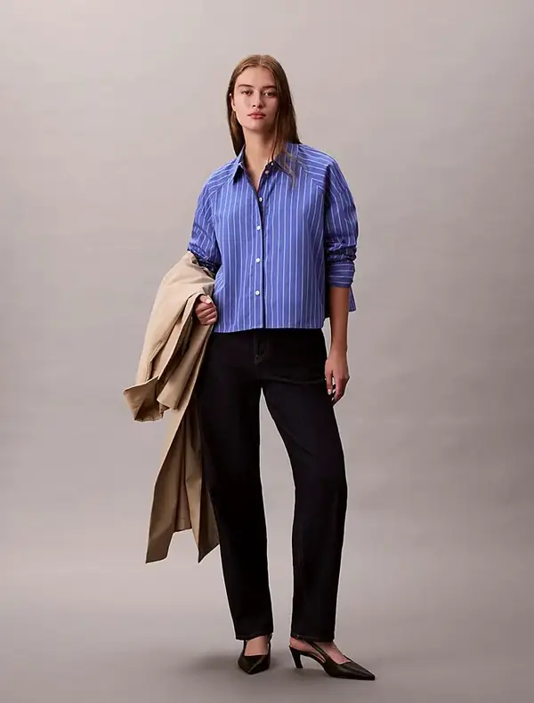 Calvin Klein YD STRIPE BOXY CROPPED SHIRT Mavi Kadın Tişört