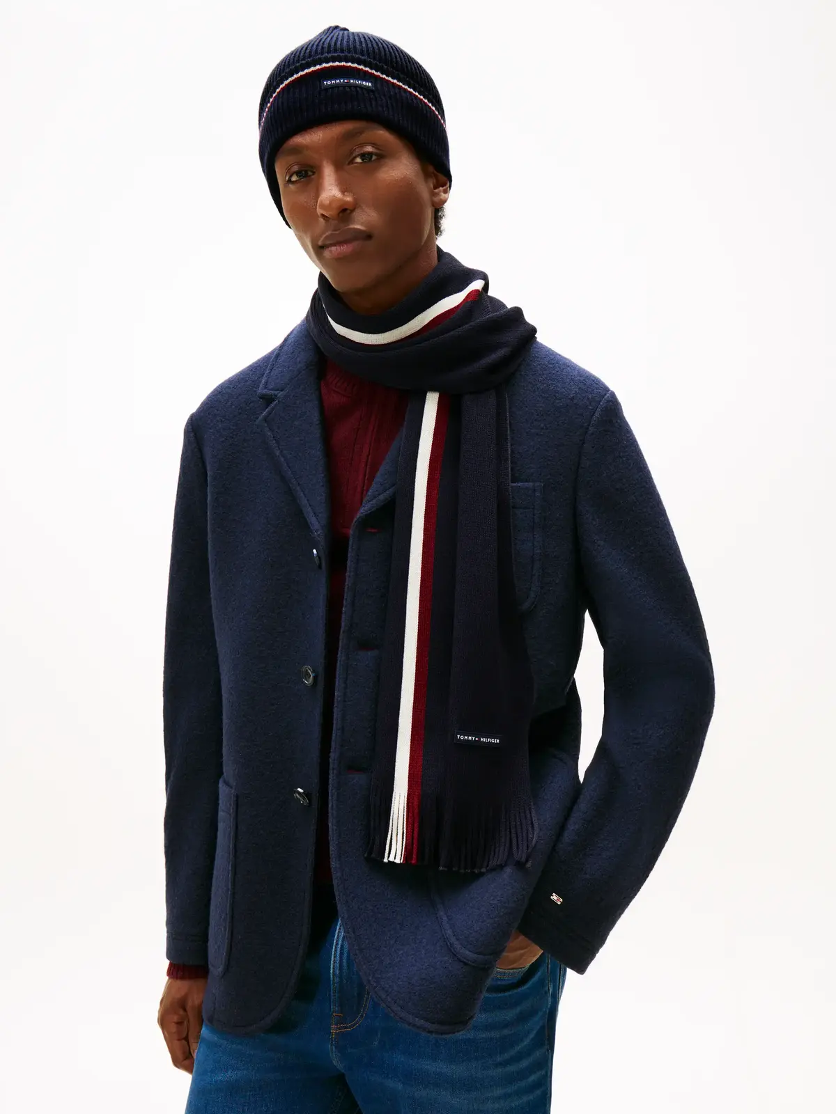 Tommy Hilfiger Rubberised Logo Beanie and Scarf Gift Set Lacivert Erkek Atkı Bere Seti