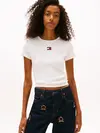 Tommy Hilfiger TJW SLIM BADGE RIB T, YBL Beyaz Kadın T-Shirt & Polo