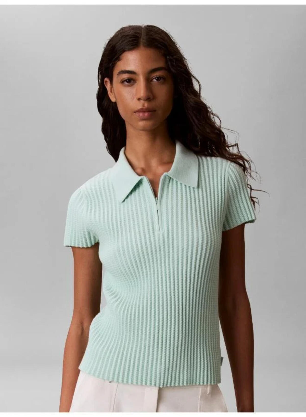 Calvin Klein ZIGZAG RIB SS ZIP UP, P84 Kadın Yeşil T-Shirt