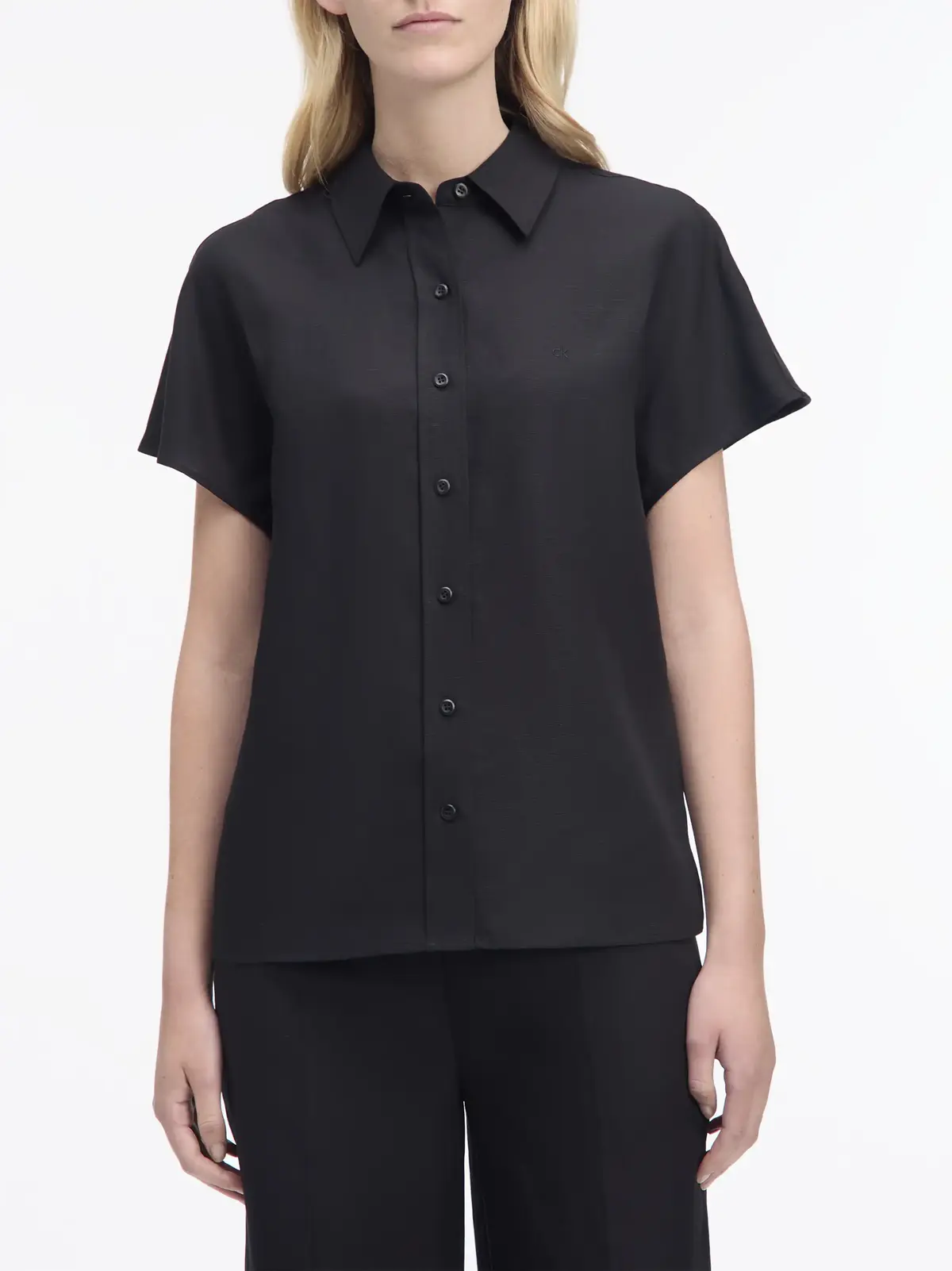 Calvin Klein LINEN BLEND SS SHIRT, BEH Siyah Kadın Gömlek