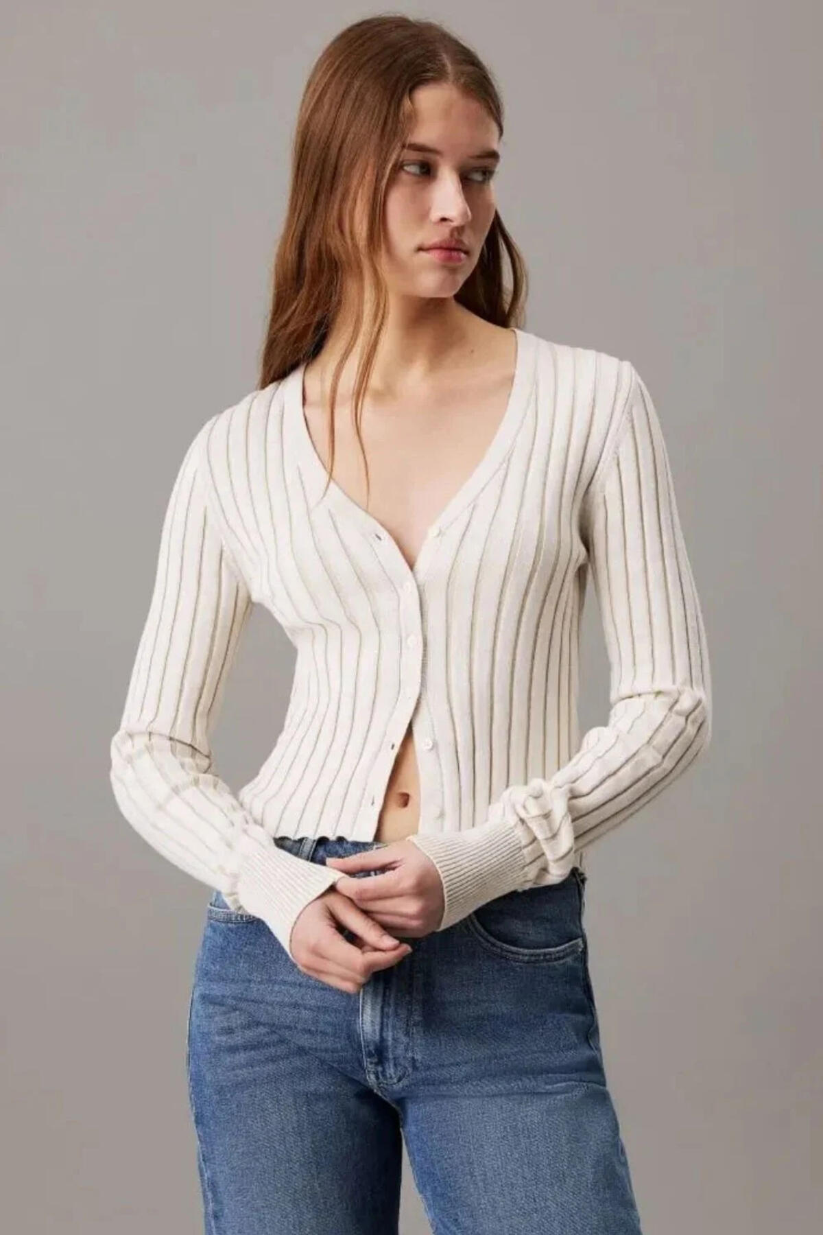 Calvin Klein PLATED SWEATER CARDI, YBI Beyaz Kadın Hırka