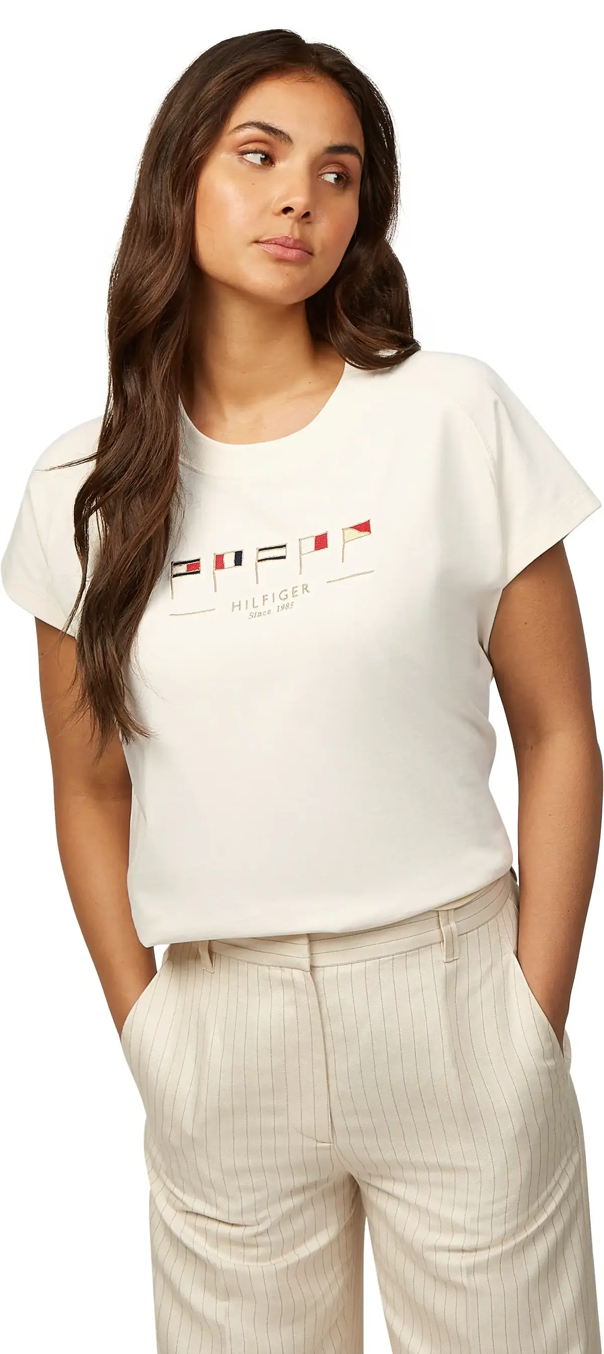 Tommy Hilfiger SAIL FLAGS RLXD C-NK, AEF Bej Kadın T-Shirt & Polo