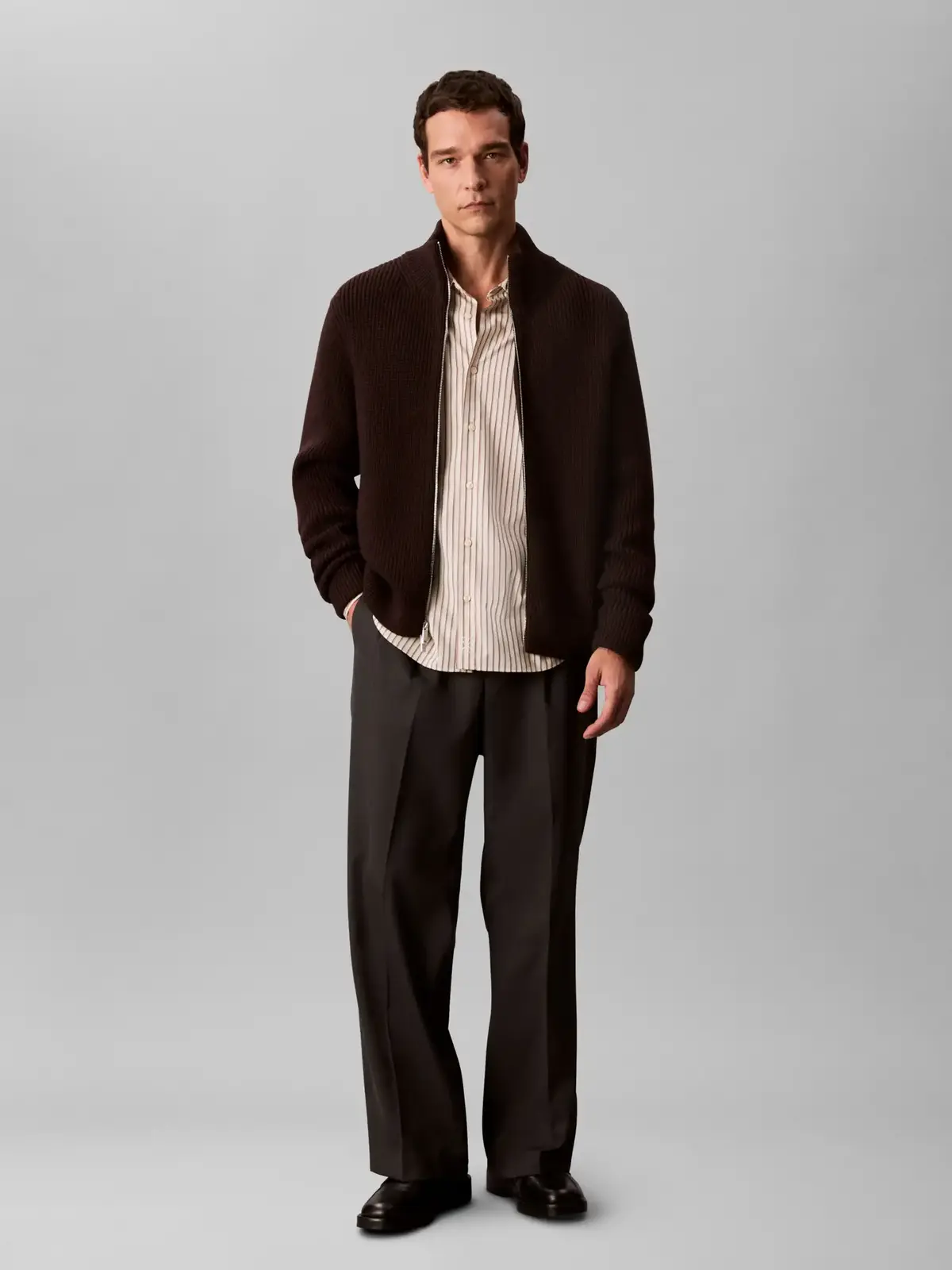 Calvin Klein LS FZ TEXTURE STITCH Kahverengi Erkek Fermuarlı Kazak