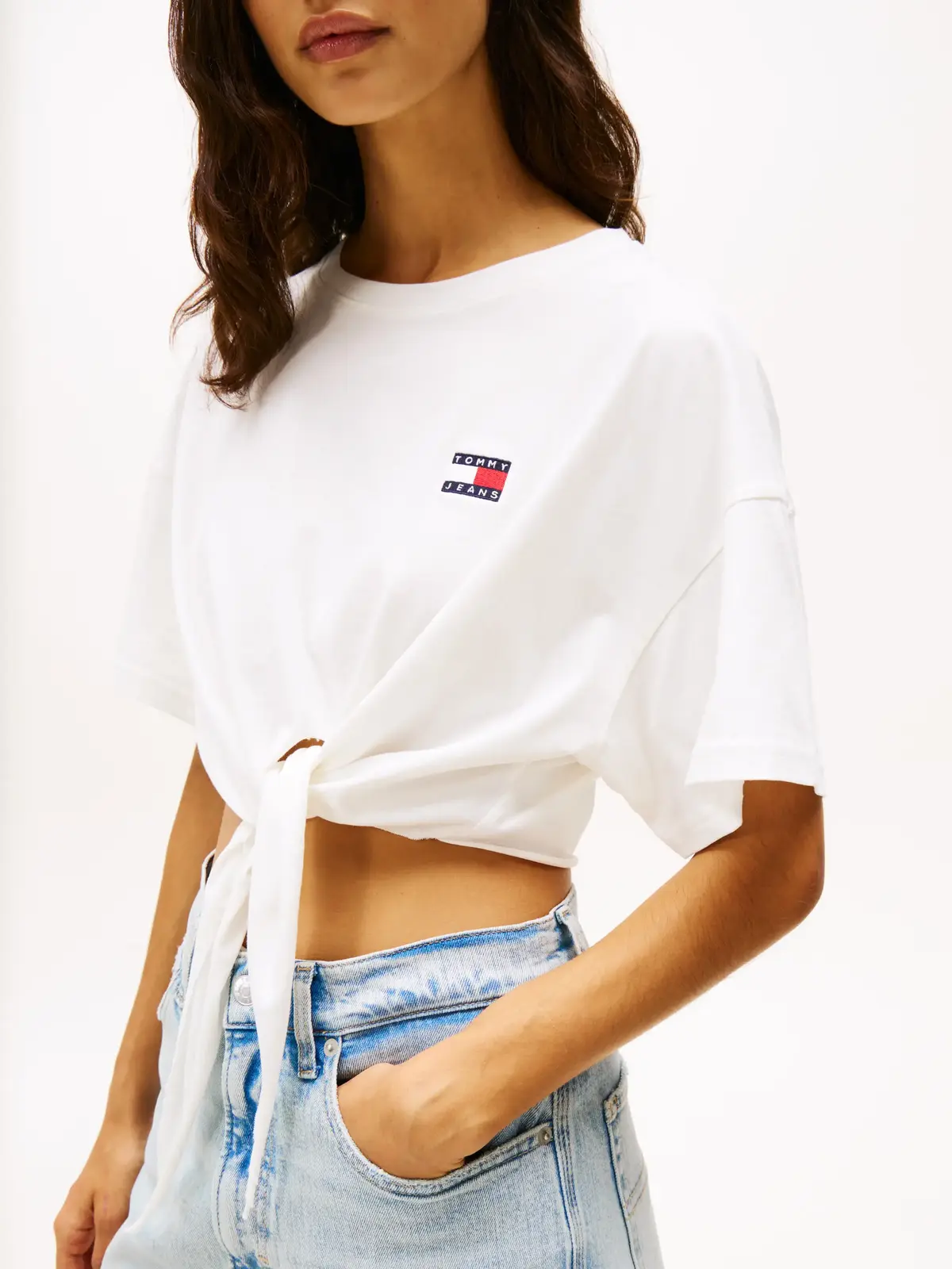Tommy Hilfiger TJW REG WAIST TIE BA, YBL Beyaz Kadın T-Shirt & Polo