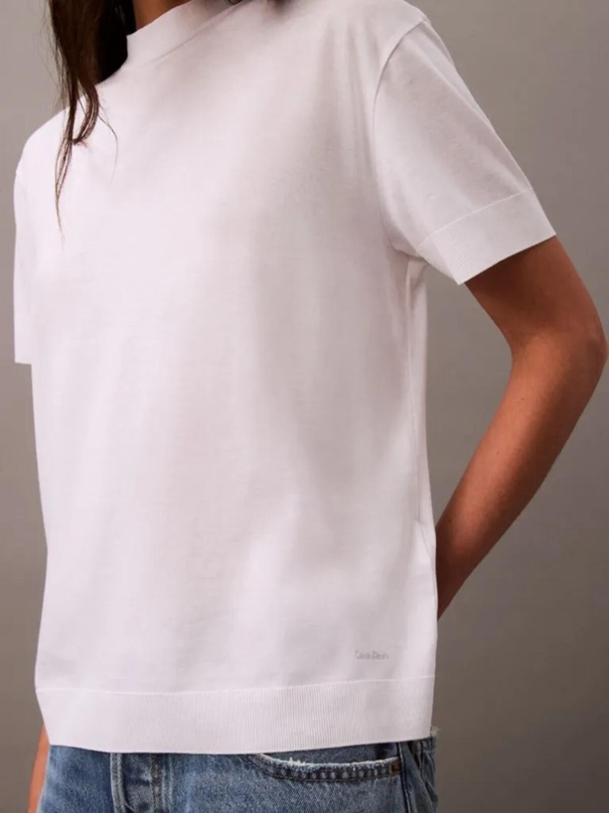Calvin Klein SS Silk Touch Fine Beyaz Kadın Dik Yakalı Tişört
