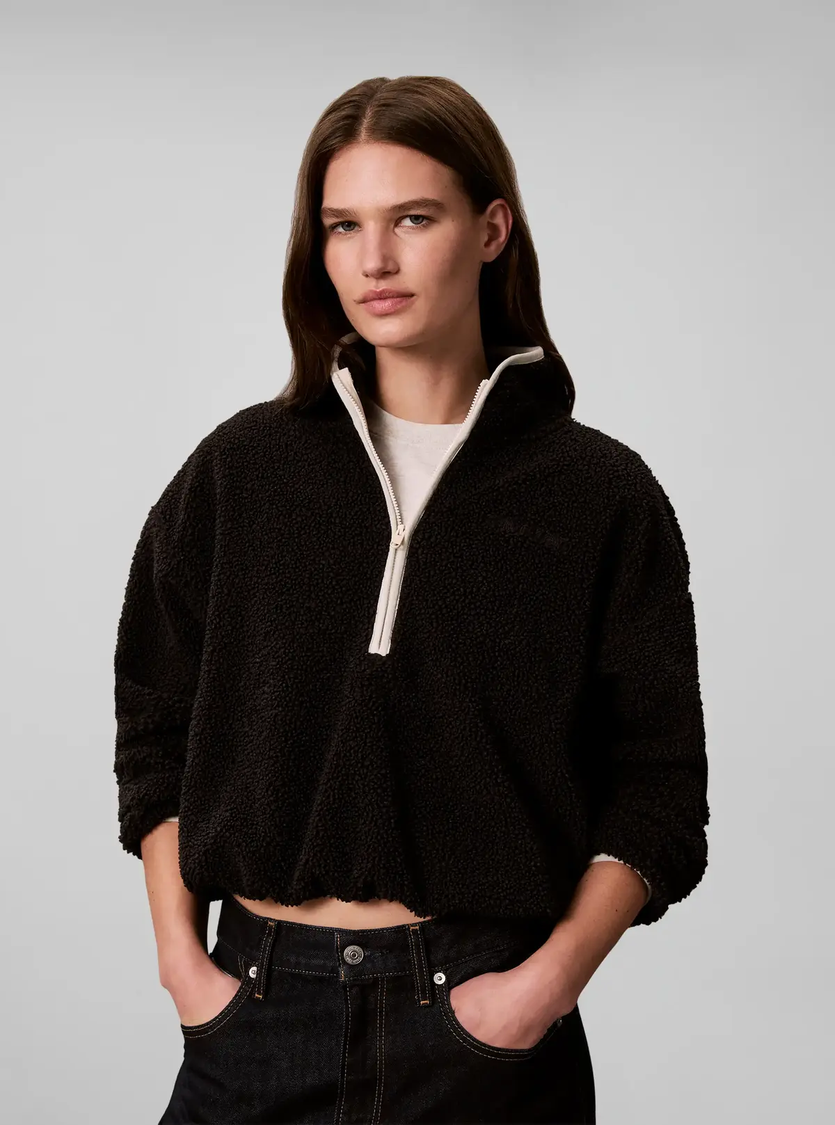 Calvin Klein SHERPA 1/4 ZIP CONTR, UB1 Siyah Kadın Sweatshirt