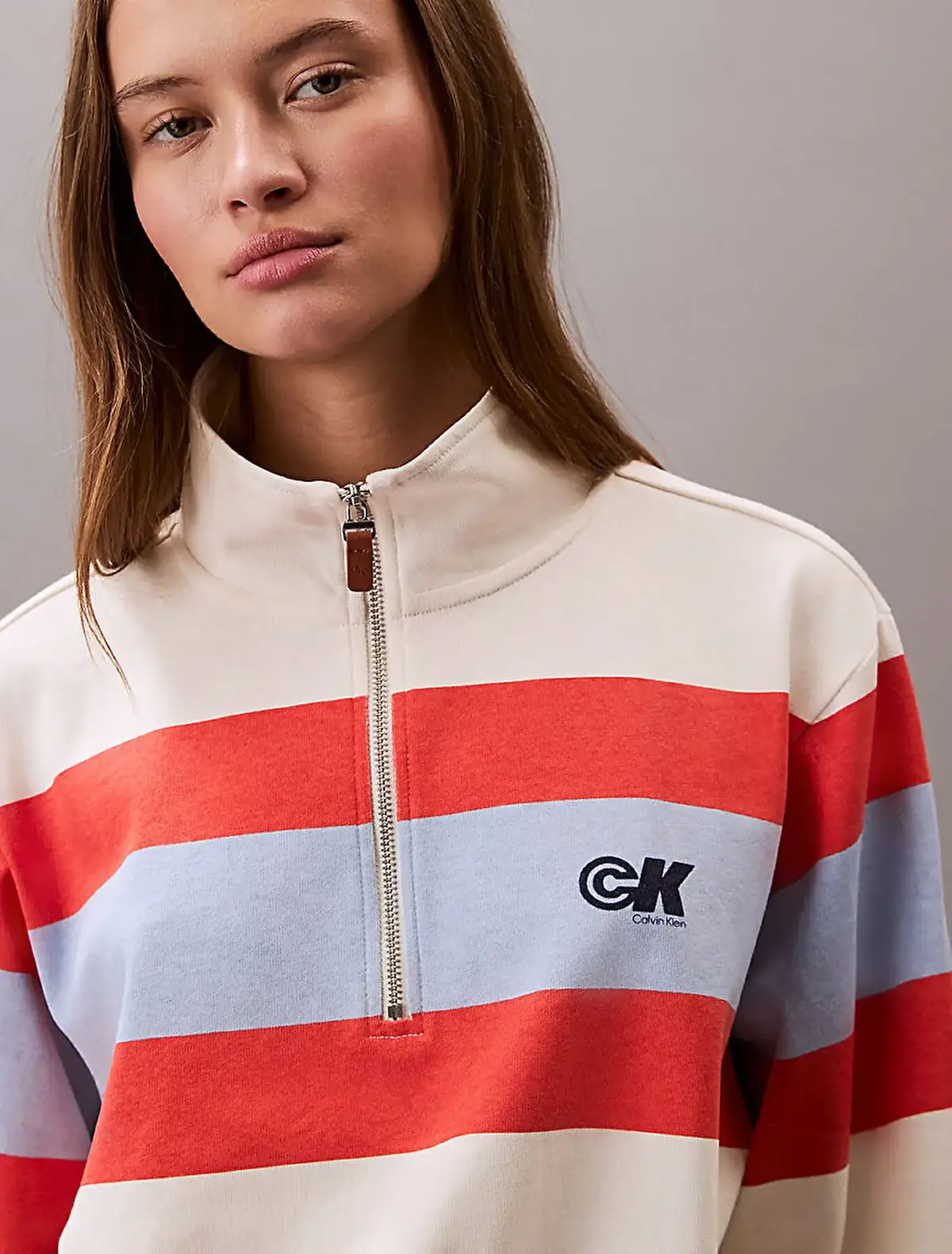 Calvin Klein RUGBY JERSEY 1/4 ZIP STRIPE TOP Bej Kadın Sweatshirt