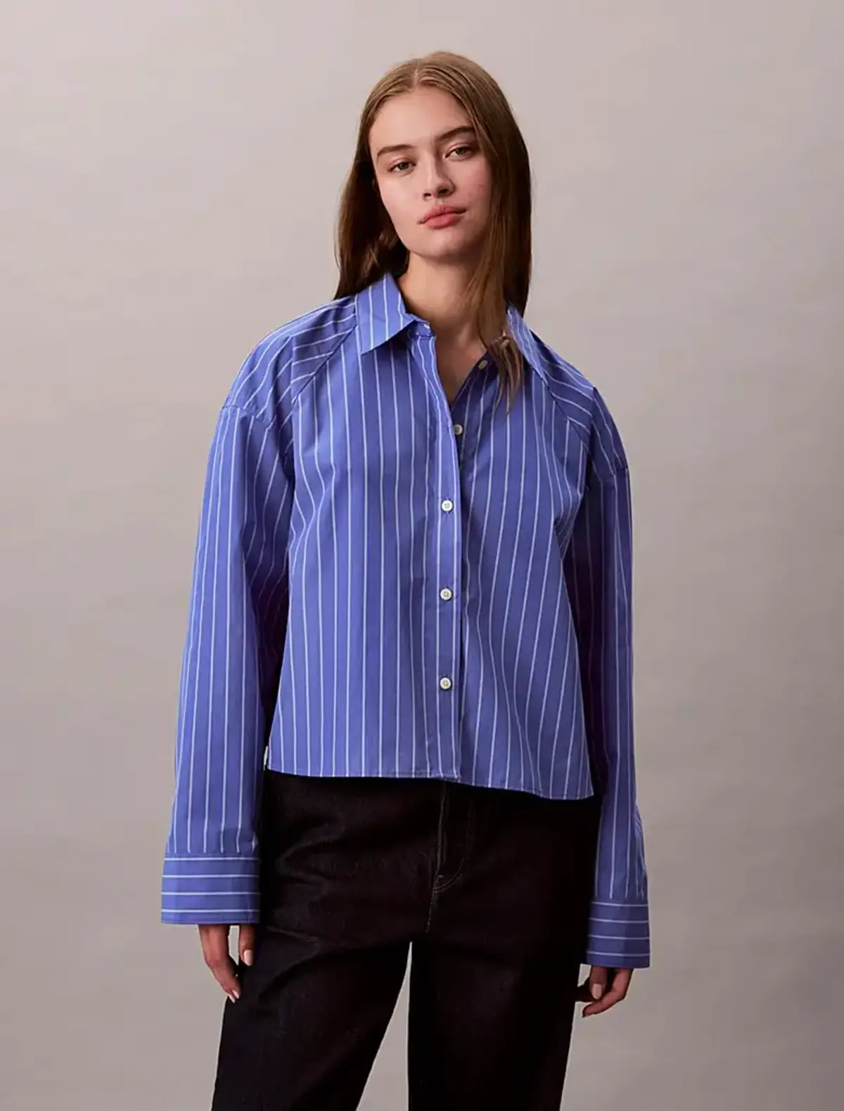 Calvin Klein YD STRIPE BOXY CROPPED SHIRT Mavi Kadın Tişört