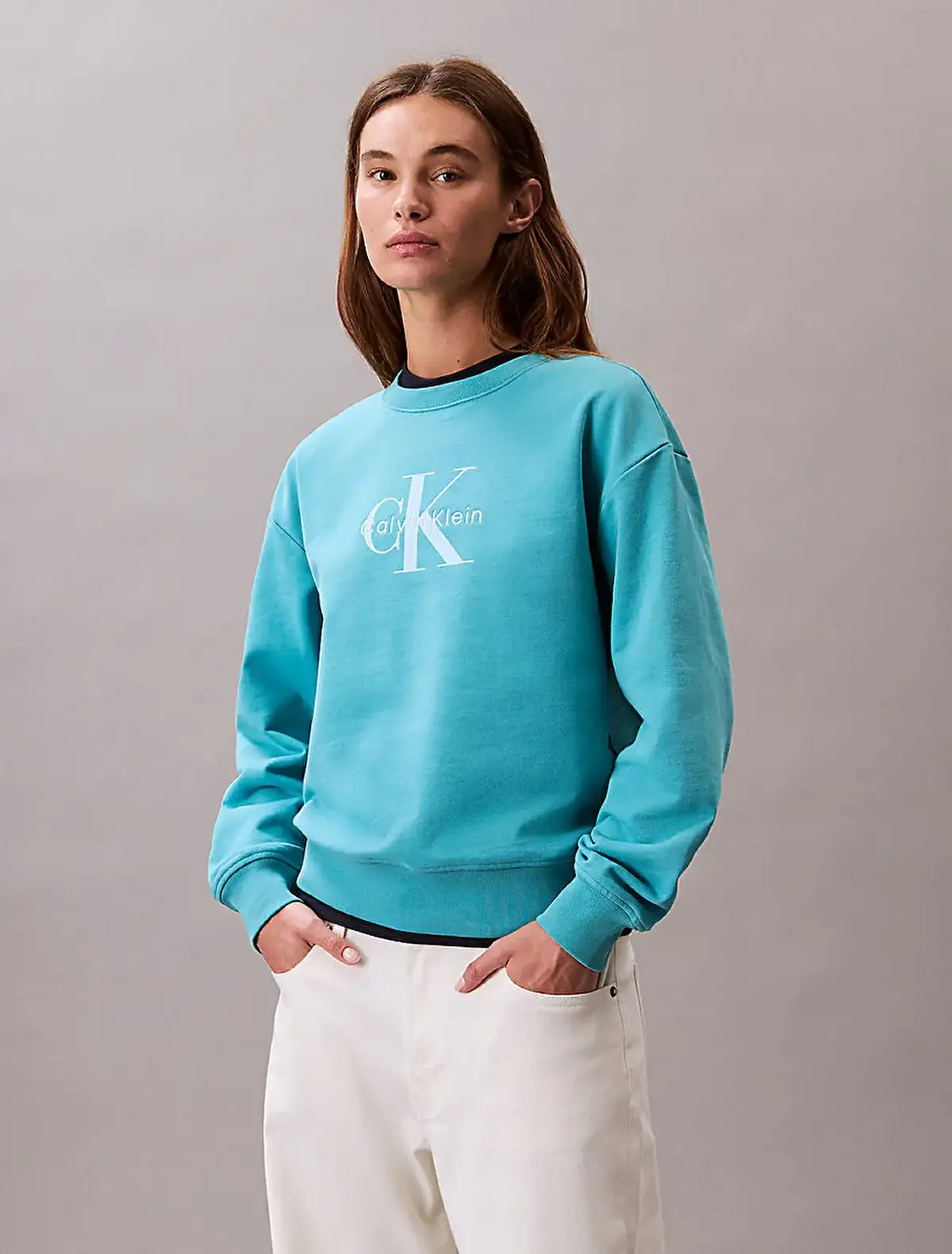 Calvin Klein LS MONOLOGO FRENCH TERRY RLXD CR Yeşil Kadın Sweatshirt