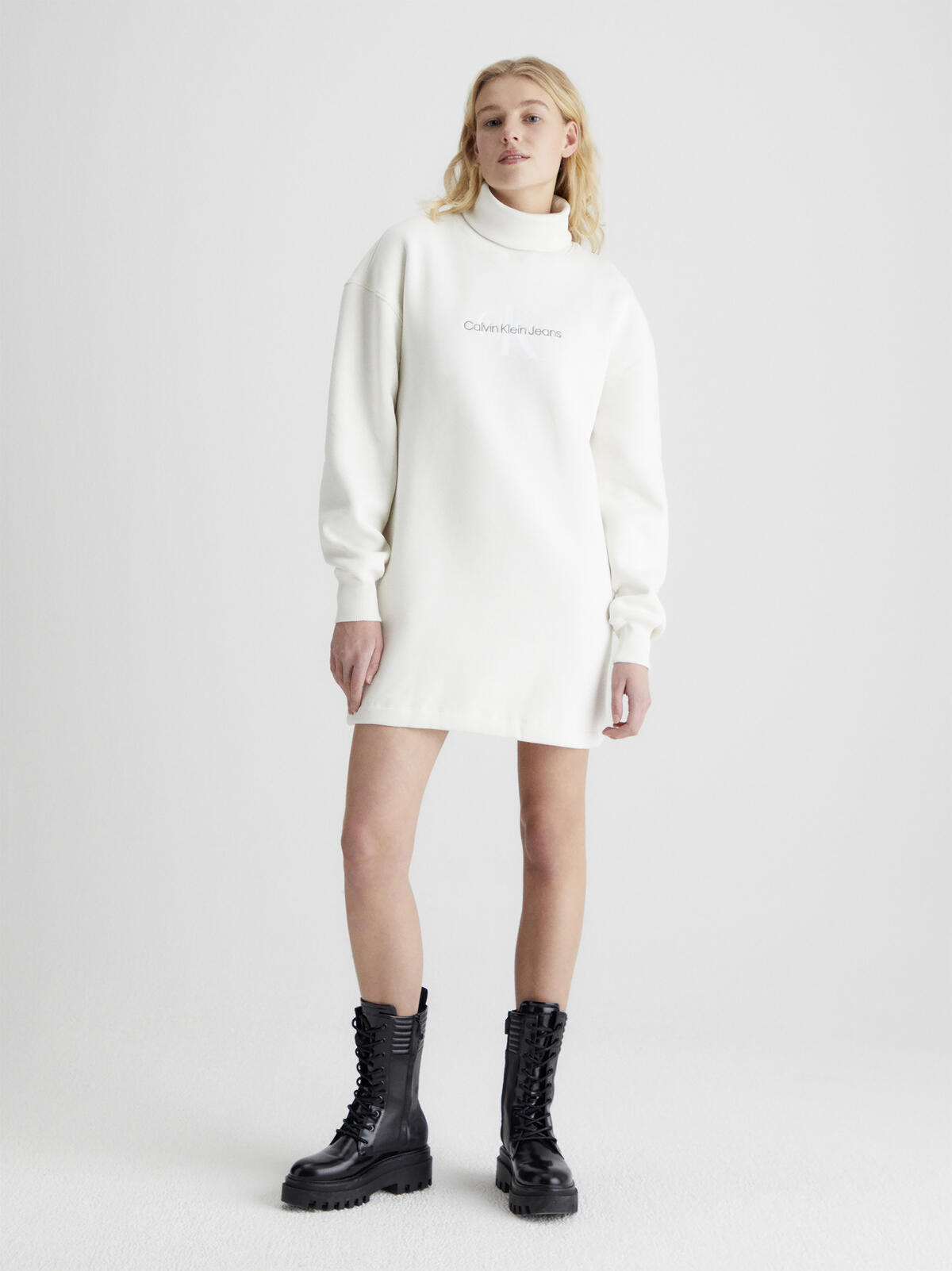Calvin Klein MONOLOGO ROLL NECK D Kadın Krem Elbise